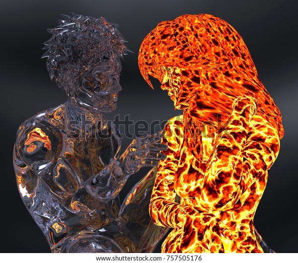 3D\
Illustration Ice male figure and fire female\
figure