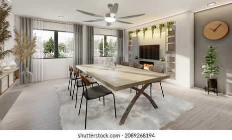 A 3D Illustration idea of a Dining Room Setting. Inspired in Scandinavian architecture. Using, plants, natural materials, neutral colors. Designed and rendered by yours truly. - Powered by Shutterstock