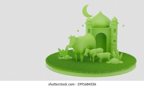 3D Illustration Idul Adha With Mosque, Cattle And Goat