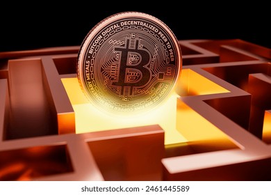 3D illustration. Illuminated bitcoin coin in the middle of a maze. Cryptocurrency, financial and investment concept.