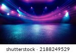 3D Illustration. Illuminated dark concrete surface surrounded by modern neon colour lights. Computer graphic background or sports stadium. Template for adding your content.