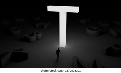 3D Illustration Of An Illuminated Letter T And A Man Standing In Front Of It