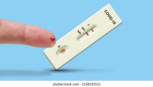 3D Illustration Image Of Finger Bleeding Blood Sample With Covid-19 Antibody Rapid Test And Positive IgG Red Line, That Is A Protective Immune Response To Corona Virus By Medical Vaccine