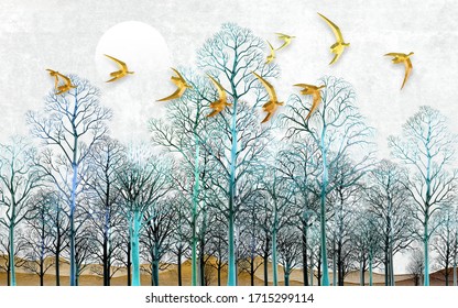 3d Illustration Image Of Forest Tree And Flock Of Birds