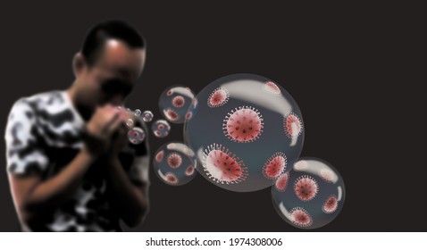 3D Illustration Image Of Respiratory Covid 19 Corona Virus Particle Inside Droplet From Sneezing That Be Airborne Transmission Spreading Disease With Dark Background