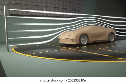 3D Illustration Of Imaginary Sports Car. Conceptual Prototype Inside Aerodynamic Tunnel.