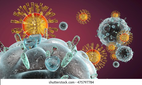 3D Illustration Of Immune System Cells Attacking A HIV Virus.
