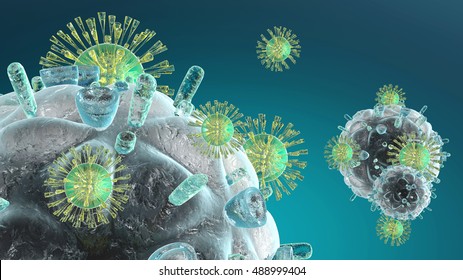 3D Illustration of Immune System cells attacking a HIV Virus.