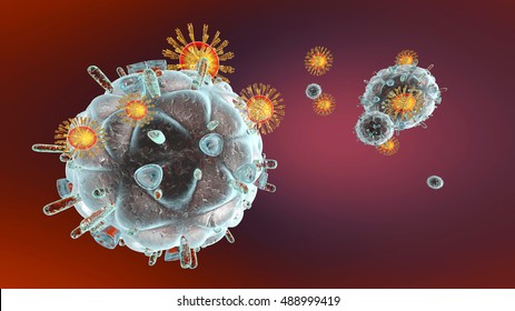 3D Illustration Of Immune System Cells Attacking A HIV Virus.
