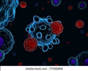 3d illustration of immune system T cells attacking cancer cells (CAR T-cell therapy)