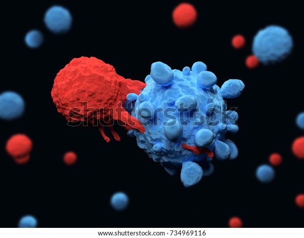 3d illustration of an immune system T cell killing a\
cancer cell