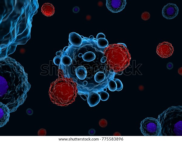 3d illustration of immune system T cells\
attacking cancer cells (CAR T-cell\
therapy)