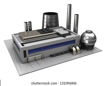 3d Illustration Of Industrial Building Or Factory Over White Background