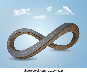 3d Illustration Of Infinite Loop Road With Soil Section, Infinity Symbol Highway Isolated With Clouds. Travel And Apps, Website Design Isolated. Car Background And 3d Road Route Ads.