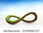 3d illustration of infinity environment concept. infinite earth land with green grass isolated. Eco and circular economy concept. Earth land with green grass isolated on blue sky background.