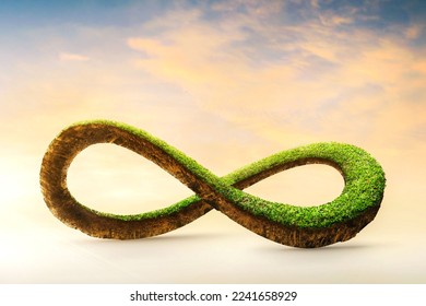3d illustration of infinity environment concept. infinite earth land with green grass isolated. Eco and circular economy concept. Earth land with green grass isolated on sunset orange sky background.