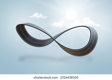 3D illustration of an infinity loop highway floating on a section of land, surrounded by clouds and a sunny sky. Perfect for travel or app design, showcasing a conceptual road with a transport theme.