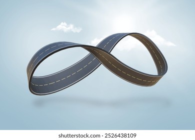 3D illustration of an infinity loop highway floating on a section of land, surrounded by clouds and a sunny sky. Perfect for travel or app design, showcasing a conceptual road with a transport theme.