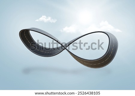 3D illustration of an infinity loop highway floating on a section of land, surrounded by clouds and a sunny sky. Perfect for travel or app design, showcasing a conceptual road with a transport theme.