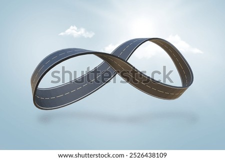 3D illustration of an infinity loop highway floating on a section of land, surrounded by clouds and a sunny sky. Perfect for travel or app design, showcasing a conceptual road with a transport theme.