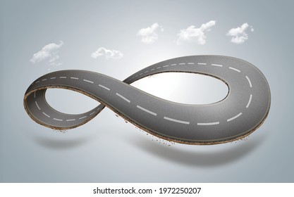 3d illustration of infinity road with clouds or never ending road design advertisement