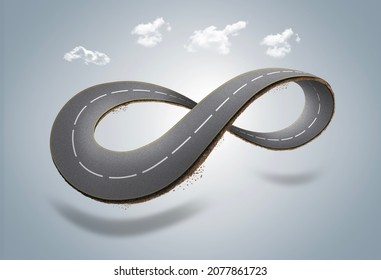 3d illustration of infinity road with clouds or never ending road design advertisement isolated