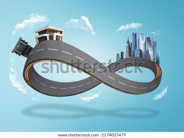 3D illustration of infinity\
symbol road with houses and buildings on it. floating infinity\
highway road isolated with clouds. travel and tourism advertisement\
design.