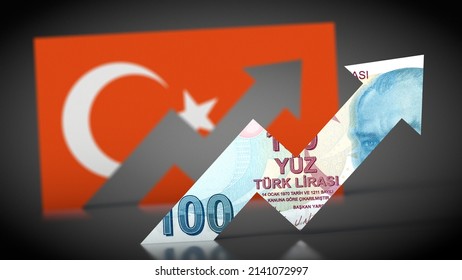 3D Illustration, Inflation - Graph From Lira Banknote In Front Of Turkey Flag Rises