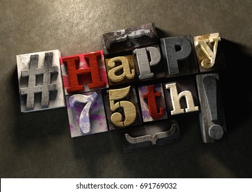 3D Illustration of Ink splattered printing wood blocks with grungy Happy 75th birthday typography. Young and trendy happy birthday title, for use on a best wishes birthday card. - Powered by Shutterstock