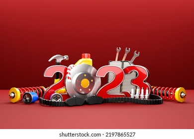 3d Illustration Of Inscription 2023  And Auto Parts Car Shock Absorber, Oil Canister, Fuel And Air Filters On  Red Isolated Background. Car Repair Parts