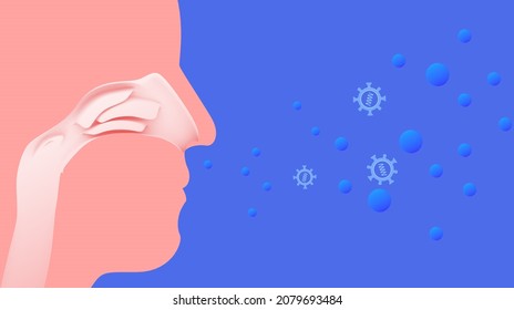 3d illustration of the inside of the nose (ENT) and the air with viruses. Graphic image cropped on blue background.