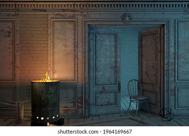 3d illustration. The interior of an abandoned old palace. Classic wood panels. Burning barrel. Homeless dwelling.