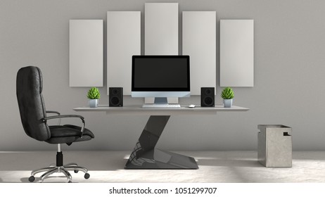 3D illustration of interior design of computer setup