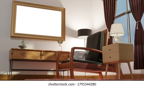 3D Illustration Interior Design The Living Room, . Design Of Wooden Chair On Carpet, Wooden Furniture In Relaxing Corner, Low Angle View, 3D Rendering