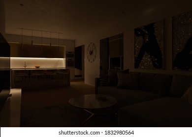 3d Illustration Of The Interior Design Of A Living Room Combined With, A Kitchen And A Large Recreation Area And A Huge Panoramic Window To The Floor Overlooking The Night City.