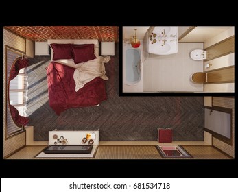 3d Illustration Interior Design Of A Master Bedroom In A Traditional Islamic Style. Beautiful Deluxe Room Background Interior In Top View Decorated With Arabic Motifs.  