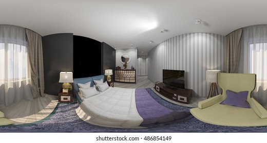3d illustration of interior design spherical 360 degrees, seamless panorama of bedroom 