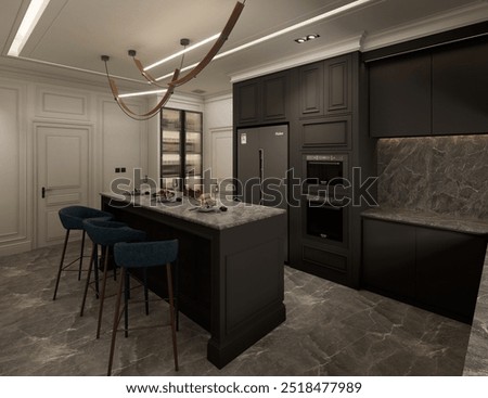 3d illustration interior of the kitchen was designed as a combination of classic modern and glamour styles. Grey decorative fronts of cabinets harmonize with black marble.