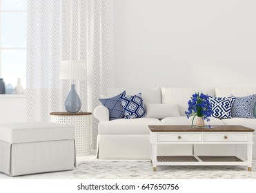 3D Illustration. Interior Of The Living Room In White And Blue Color