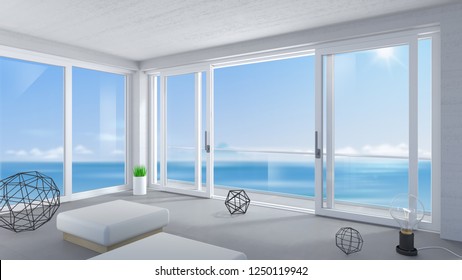 3d illustration. Interior of a modern villa. Panoramic sliding windows and doors. Loft. House or hotel on the sea. Natural landscape