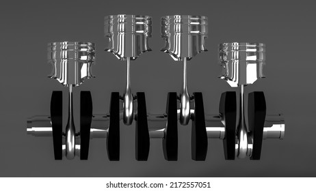3d illustration of internal combustion engine crankshaft with chrome pistons isolated on grey background