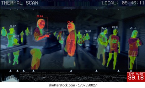 3D illustration of international passengers infrared thermal scan imaging camera on terminal walkway. conceptual security and medical health diagnosis quarantine precaution measuring