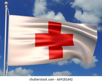 3D Illustration Of The International Red Cross Flag Waving Against Blue Sky