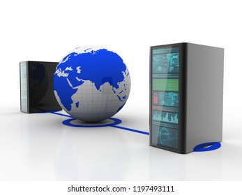 3d illustration of internet server networking with globe.