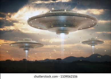 3D Illustration. Invasion Of Alien Spaceships. Sky Filled With Mother Ships And Small Spacecraft.