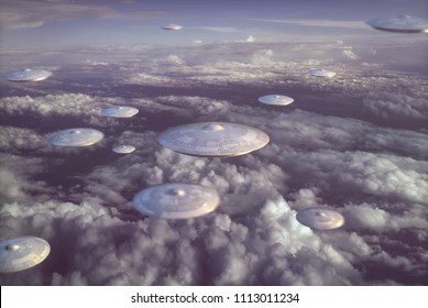 3D Illustration. Invasion Of Alien Spaceships. Sky Filled With Mother Ships And Small Spacecraft.