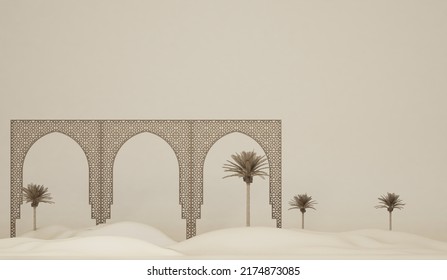 3d Illustration Of Islamic Architecture, Deserts With Décor Ornaments. 3d Rendering Of Modern Islamic Theme Banners, Eid Adha, Eid Mubarak, Copy Space Text Area