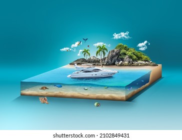 3d illustration of island paradise isolated, travel and tourism ads, luxury yacht on island isolated. 