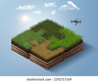 3D Illustration Of Isometric Of Farm Crops Shaped Like Puzzles. Beautiful 3d Farm With Crops And Drone, Smart Farming Concept Design Isolated With Clouds. Farm Meadow Of Wheat And Corn Harvest Plants.