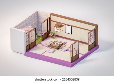 3d Illustration. Isometric Japanese Dining Room Open Inside Interior Architecture, 3d Rendering.